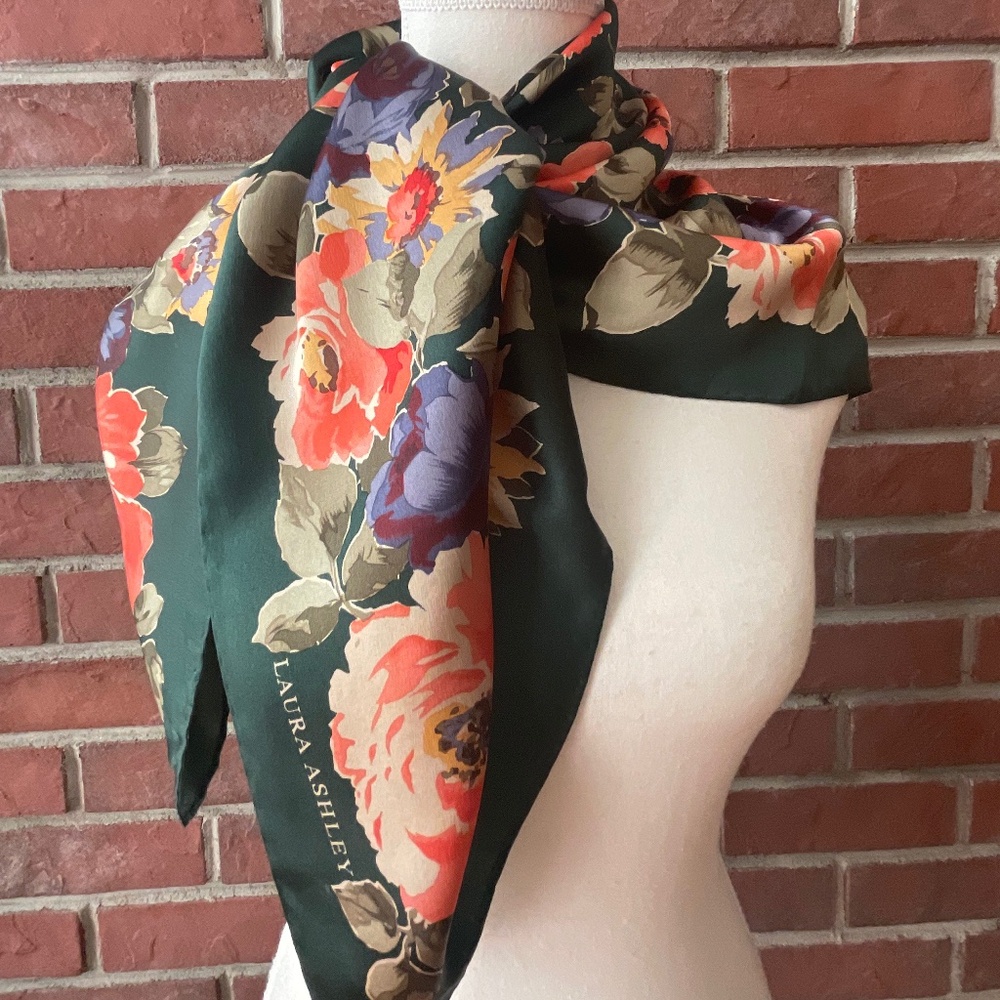 Laura Ashley Dark Green Floral Silk Scarf with Coral, Purple, Yellow Accents